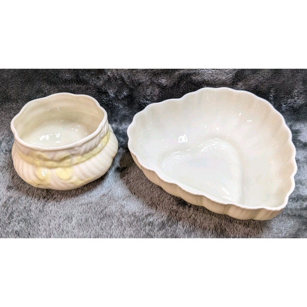 Belleek (Irish) Ribbon Sugar Bowl &‎ Heart Shape Sugar Salt Jewelry Trinket Bowl